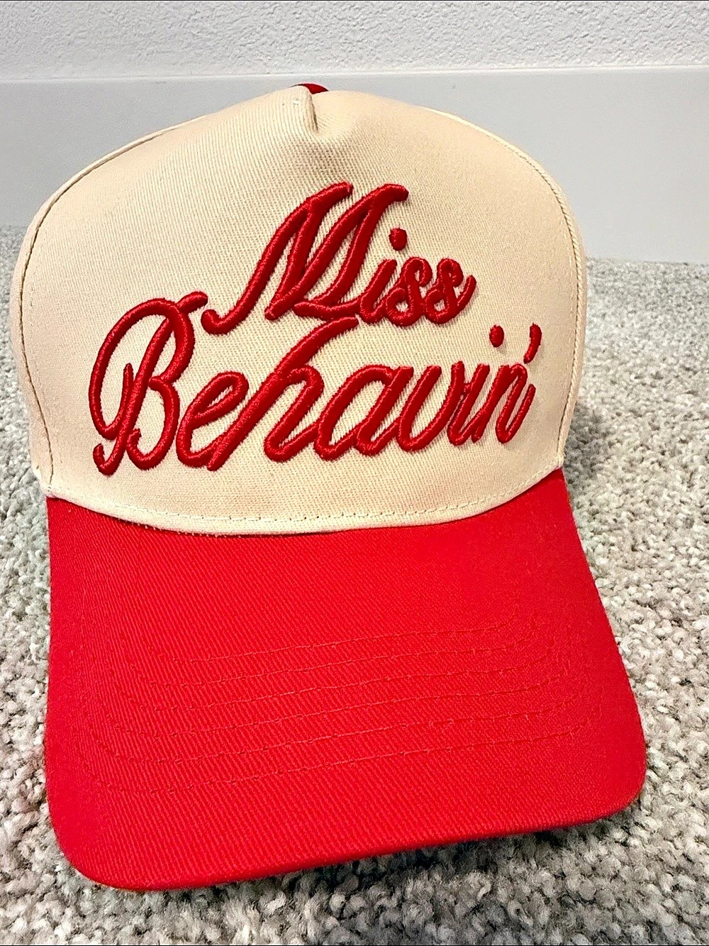 Miss Behavin' Embroidered Trucker Hat in Red & Cream Brand New